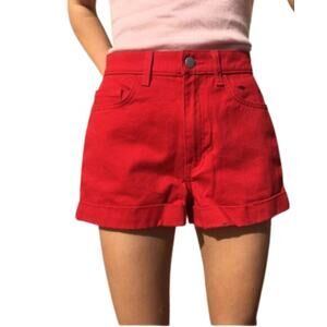 American Apparel Red Denim Shorts High Waisted Cuffed Jean Shorts Size 24 25